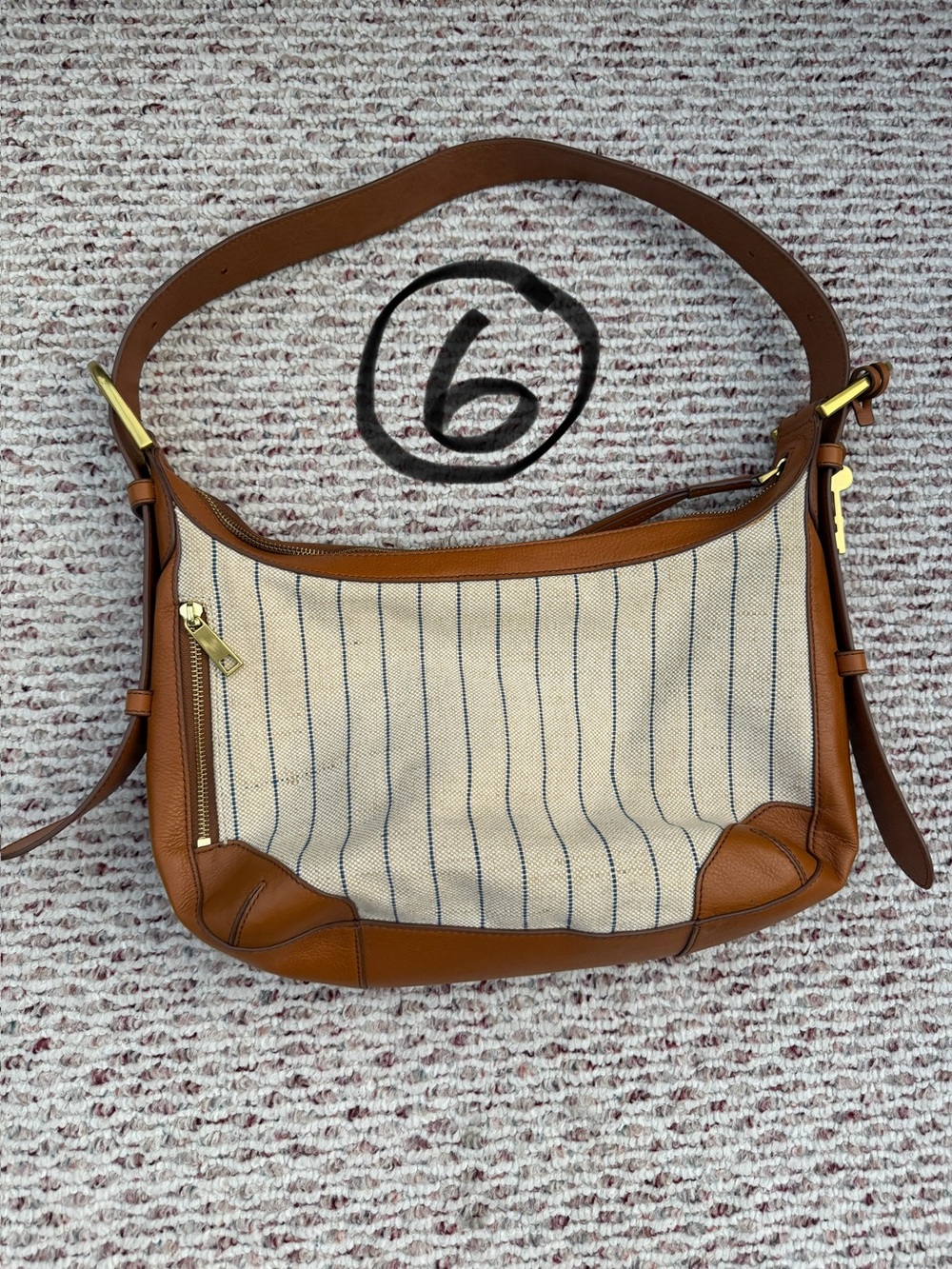 Fossil Beige Canvas and Brown Leather Shoulder Bag with Navy Pinstripes